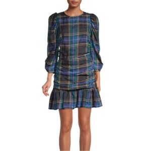 Tanya Taylor Blue and Green Plaid Ruffle Hem Long Sleeve Dress